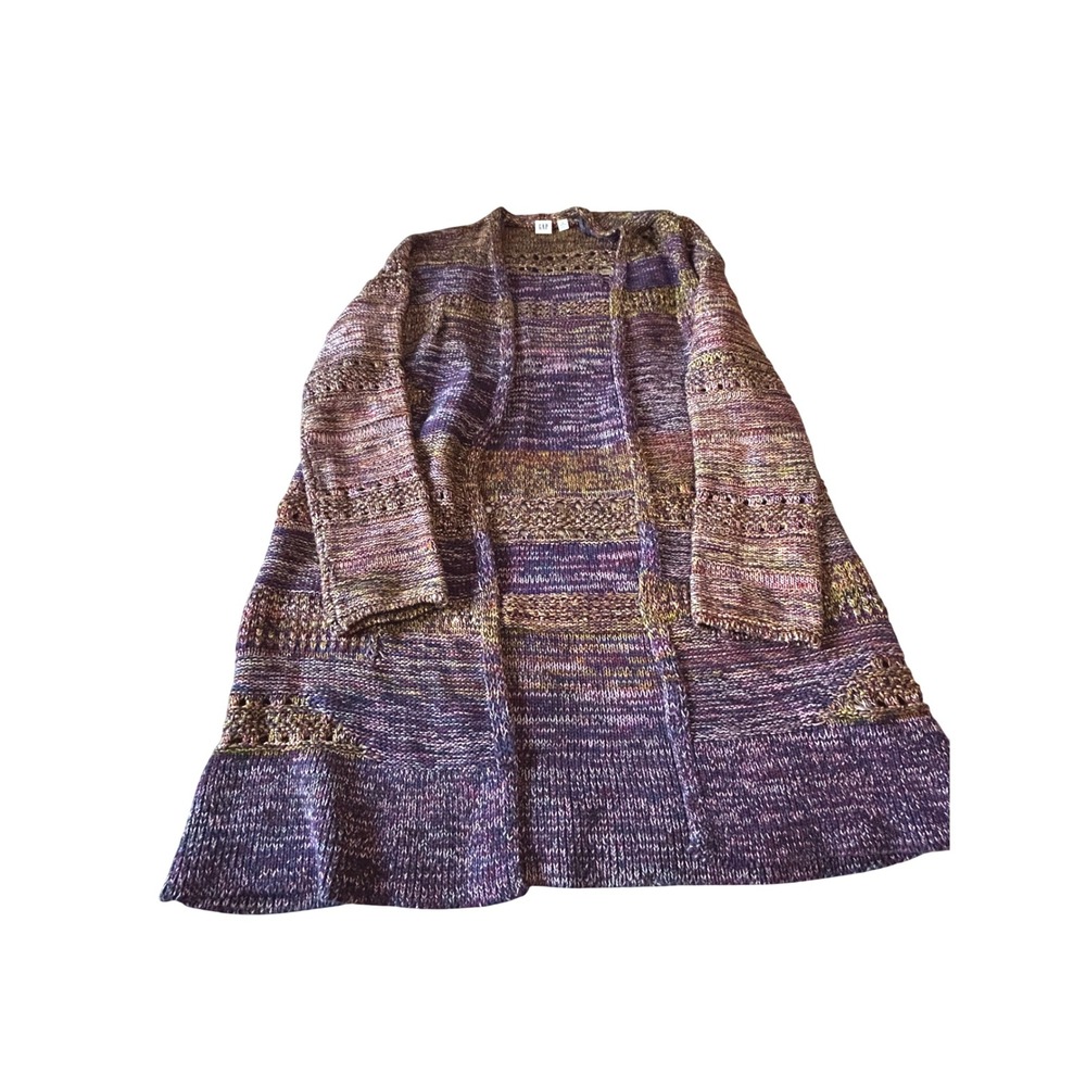 GAP Petite Striped Open Front Long Cardigan Sweater Purple Gold Size S - Picture 2 of 9